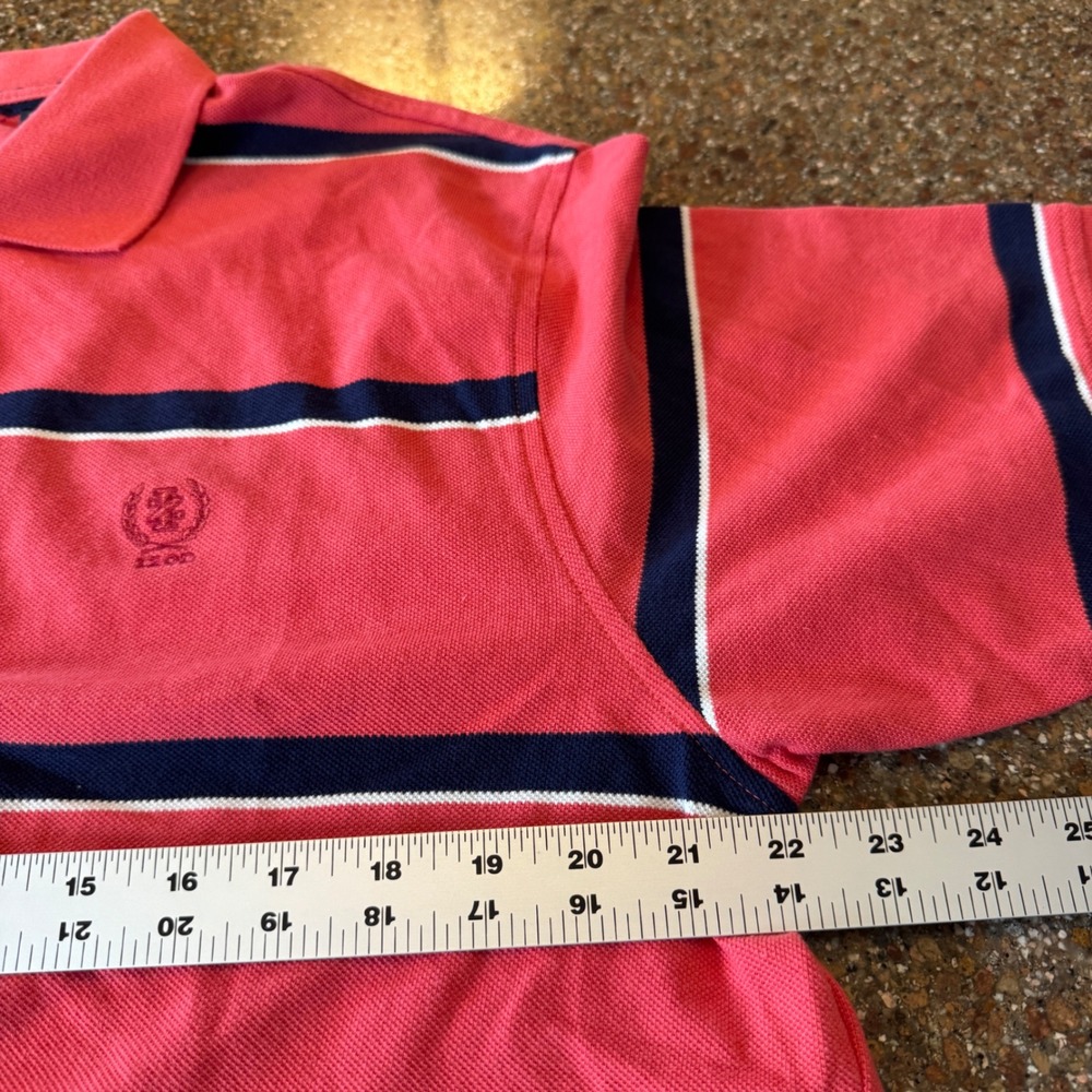 Vintage IZOD Mens Polo Shirt L Red Navy Striped Cotton Preppy Classic Americana - Picture 7 of 8